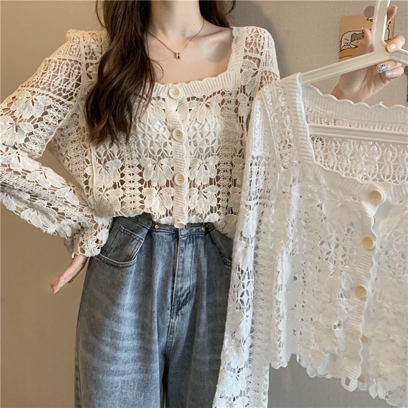 Áo Kiểu Cổ Vuông Phối Ren Rỗng Phong Cách Phương Tây Mẫu Mới Thời Trang Cho Nữ