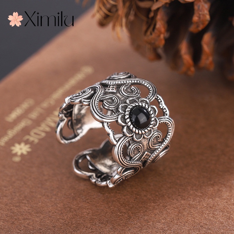 Nhẫn Bạc Thái Lan Họa Tiết Dân Tộc Rỗng Mặt Rộng Đính Đá Zircon Màu Đen Độc Đáo Phong Cách Retro