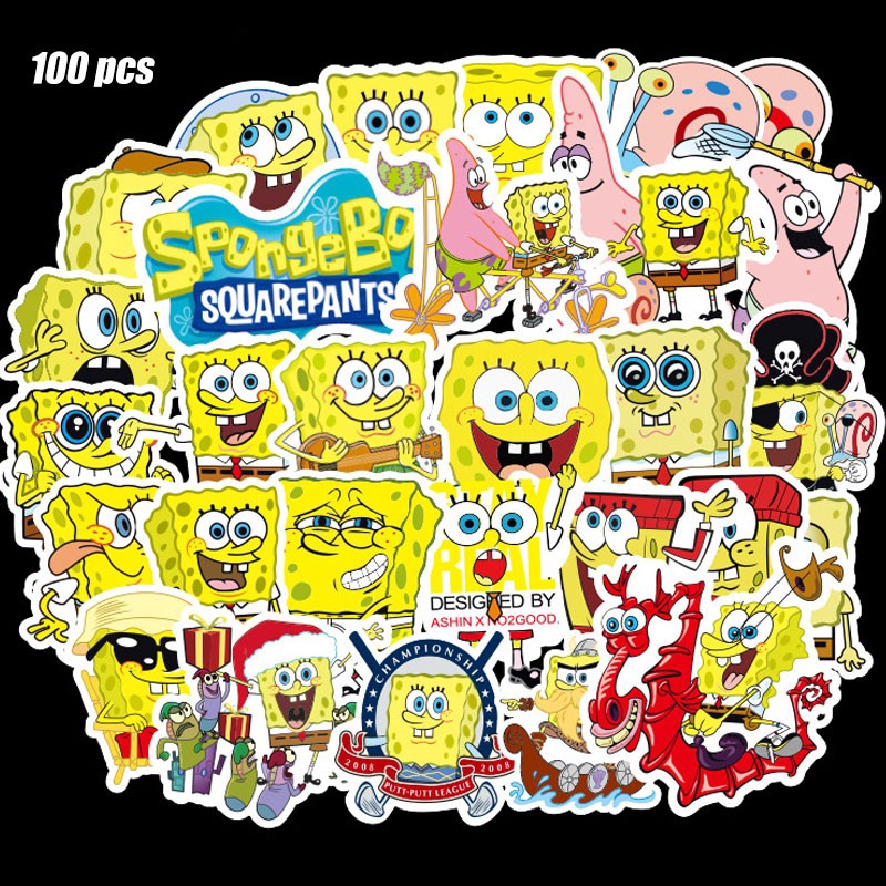 Set 100 miếng sticker SpongeBob dán trang trí chống thấm đáng yêu