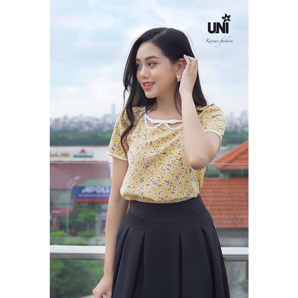 Áo Sơ Mi Nữ Ngắn Tay UNIVTH Họa Tiết Cổ Tròn Nơ Cách Điệu Thanh Lịch 2A633