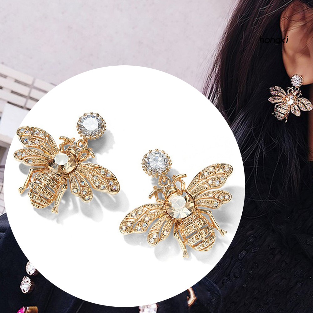 Khuyên tai dạng xỏ thiết kế hình chú ong mật đính đá thời trang dành cho nữ