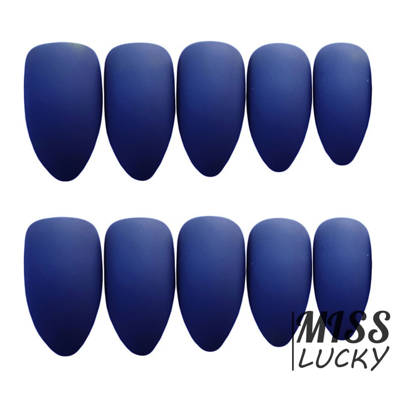 ❤HHN-VN New High Quality Solid Color Full Cover Finger Fake Nail Fashion Matte Dark Blue Stiletto Lo