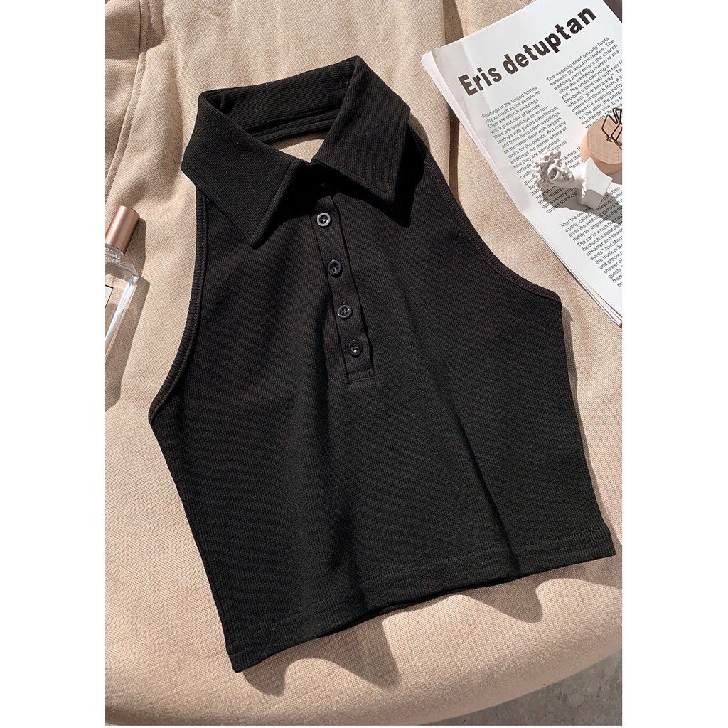 Áo croptop cổ polo cài cúc đen trắng sát nách hở lưng sexy
