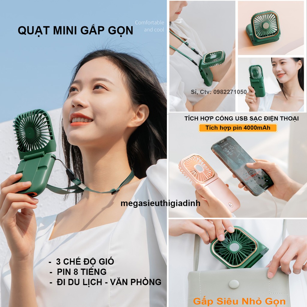 Quạt Mini Cầm Tay, Đeo Cổ. Để Bàn Văn Phòng. Gấp Gọn Đi Du Lịch Tiện Lợi - Pin 8 Tiếng - Tặng Dây Đeo | BigBuy360 - bigbuy360.vn