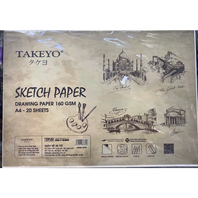 1 xấp 20 tờ giấy vẽ Takeyo A4 - A3 ĐL 160gsm.