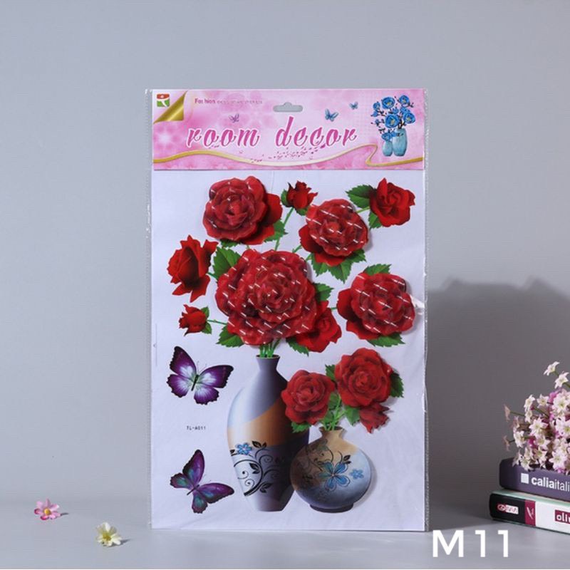 Tranh Decal Dán Bình Hoa 3D Hoa Nổi Trang Trí