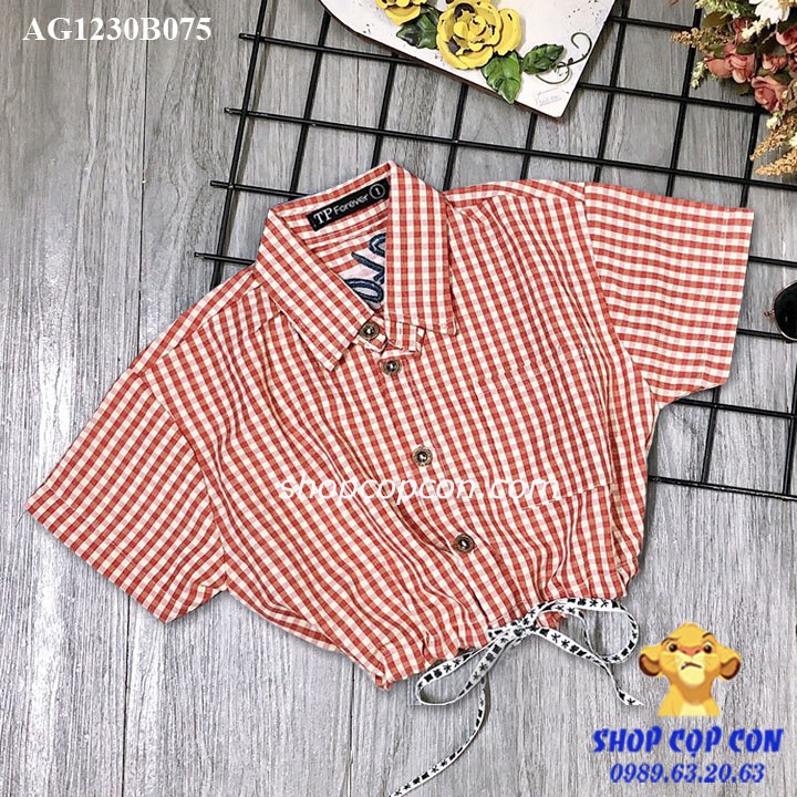 Áo sơ mi caro dáng croptop cột lai cho bé gái 32-40kg