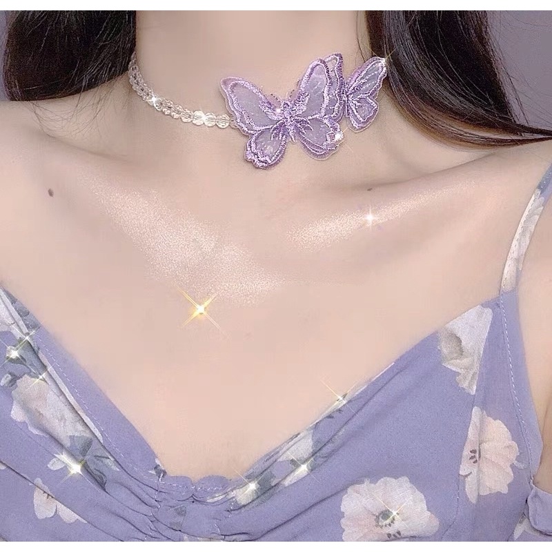 Vòng cổ hạt đa giác phối hồ điệp to và nhỏ mã RƯ-90