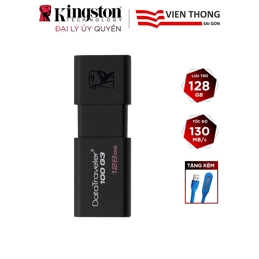 [Mã ELMALL10 giảm 10% đơn 500K] USB 3.0 Kingston DT100G3 128GB tốc độ cao upto 130MB/s tặng đèn LED USB