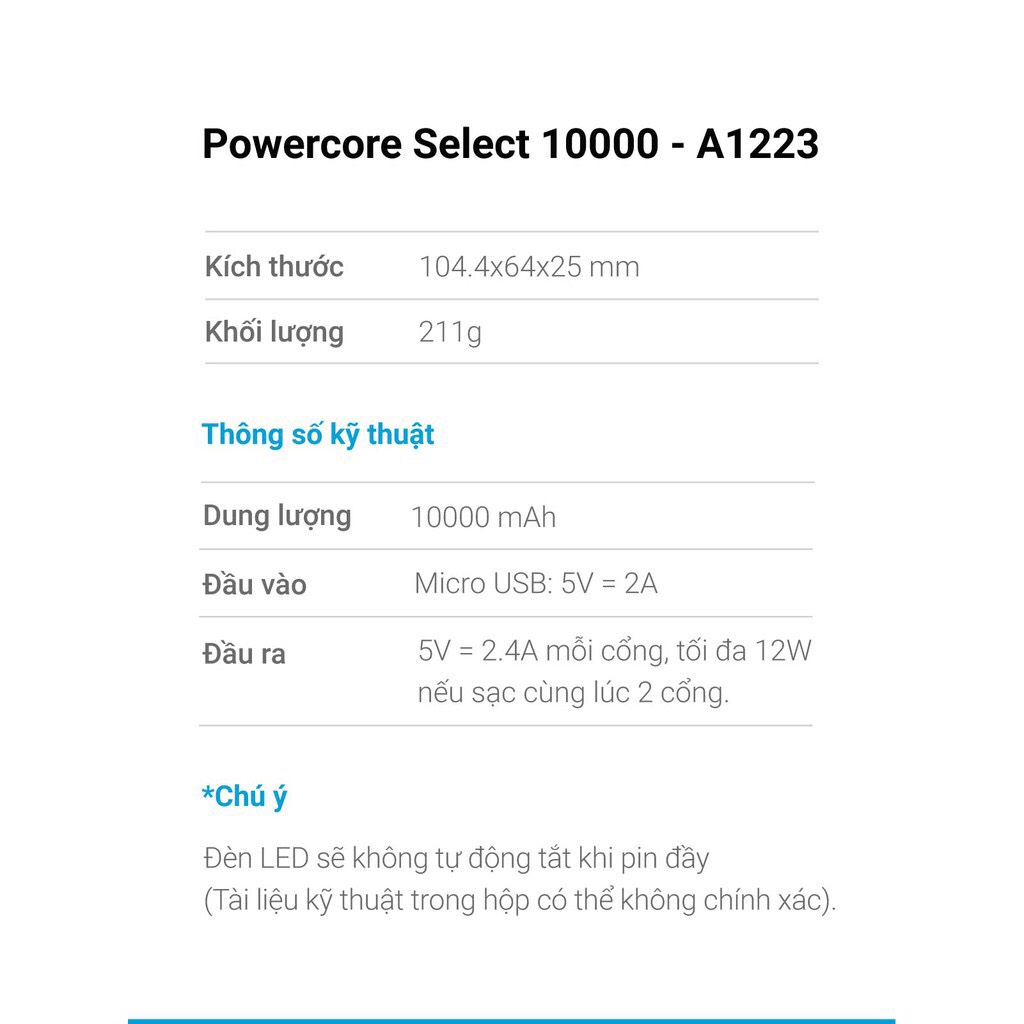 Sạc dự phòng Anker PowerCore 10000mAh Select 2 Cổng sạc nhanh IP Ipad 12W - A1223