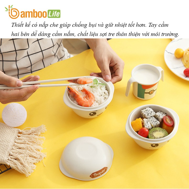 Bát ăn dặm cho bé sợi tre Bamboo Life BL1708 chén kiểu Nhật bộ gồm cốc, bát, đĩa hoạt hình an toàn cho trẻ em