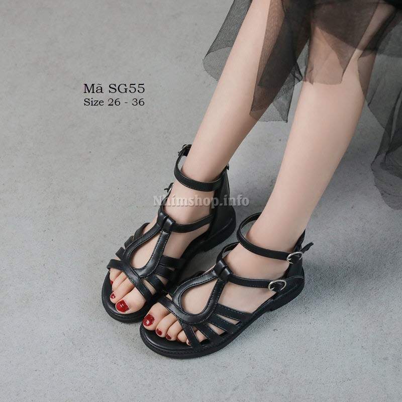 Sandal chiến binh bé gái - sandal bé gái cao cổ phong cách Hàn Quốc da PU mềm đế bám màu đen thời trang SG55