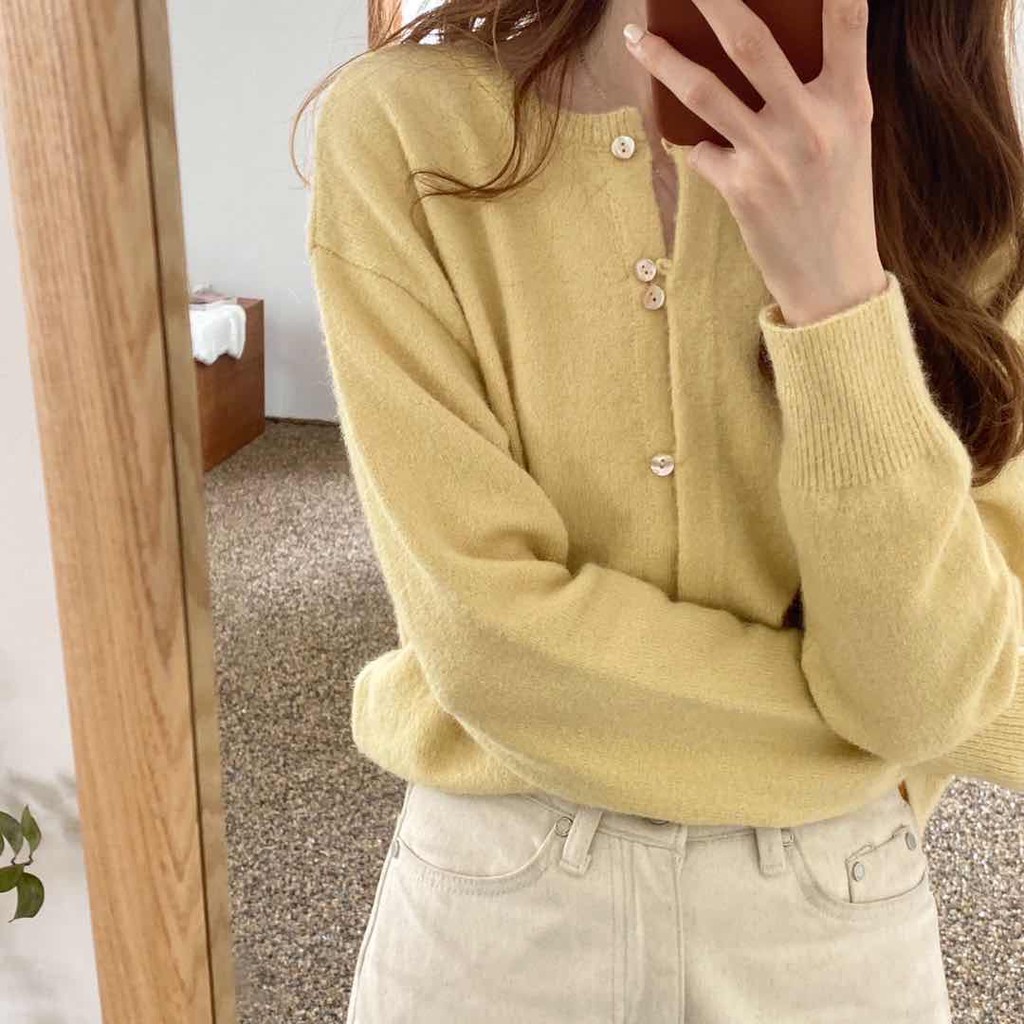 (ORDER) Áo len cardigan mềm mịn cài khuy cổ tròn nhẹ nhàng vintage Hàn Quốc màu đỏ/xanh/vàng