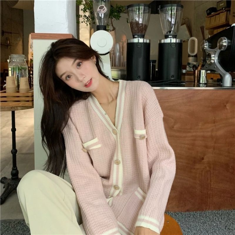 Áo cardigan len dệt kim viền có túi oder taobao