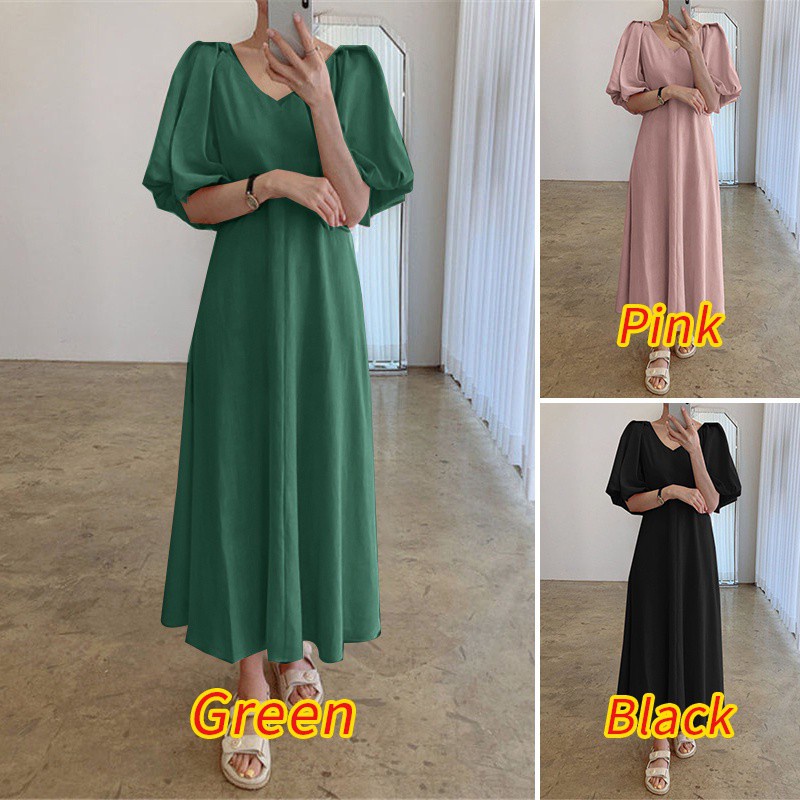 Đầm nữ ZANZEA dài cổ chữ V tay phồng màu trơn thiết kế dây buộc sau lưng thanh lịch