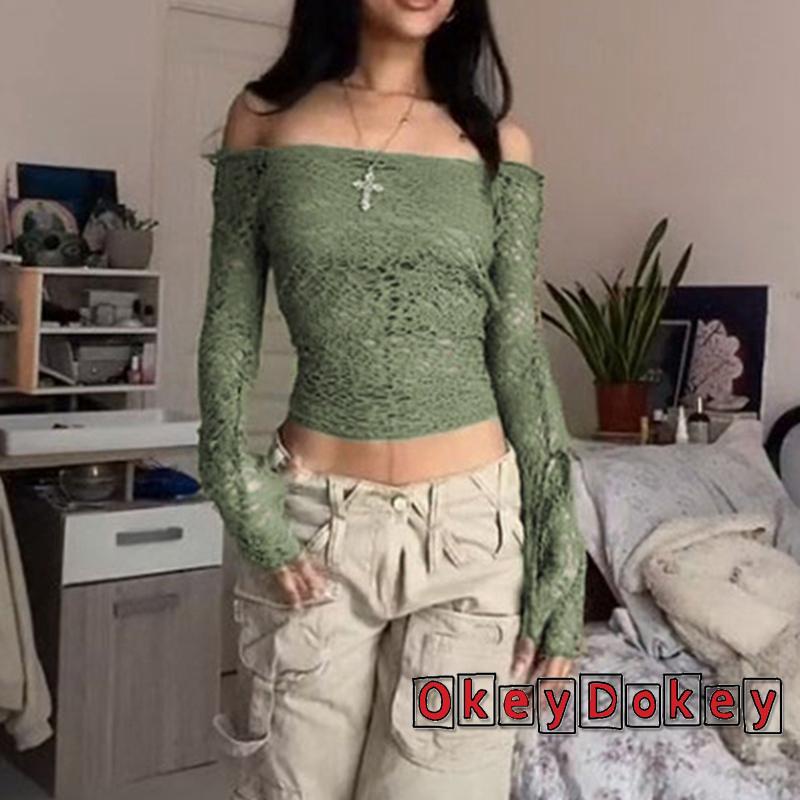 Áo Croptop Trễ Vai Thiết Kế Xuyên Thấu Phong Cách Harajuku Cổ Điển Quyến Rũ Cho Nữ Y2K