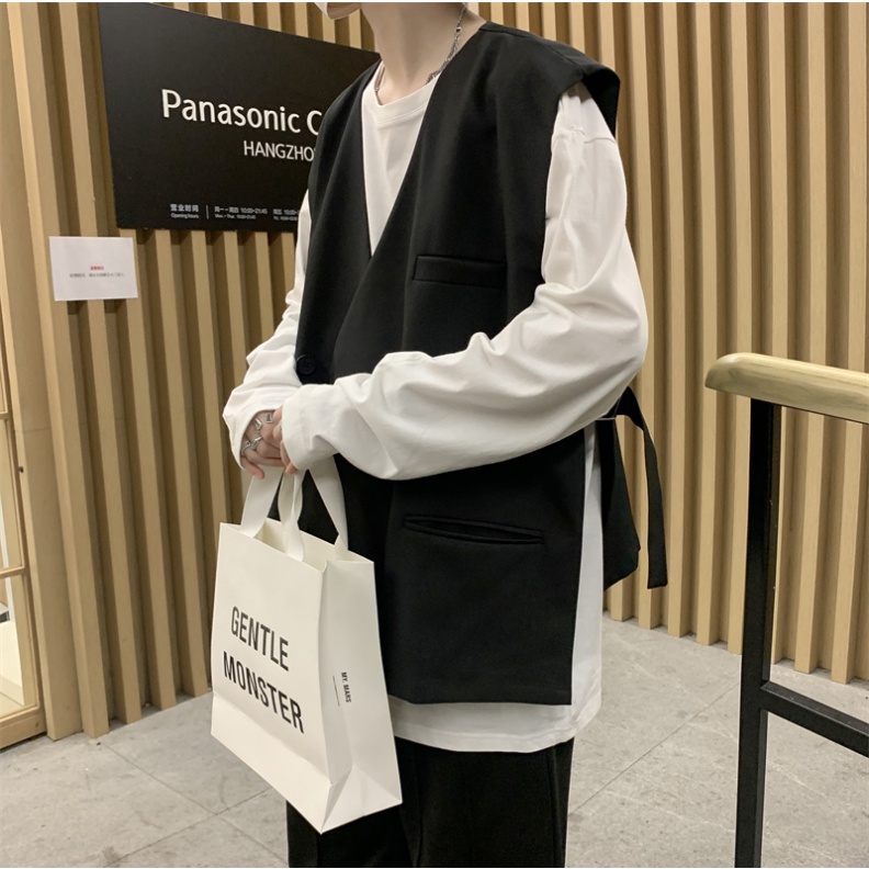 Áo Khoác Vest Không Tay Dáng Rộng Màu Trơn Nhiều Túi Phong Cách Hàn Quốc Cho Nam