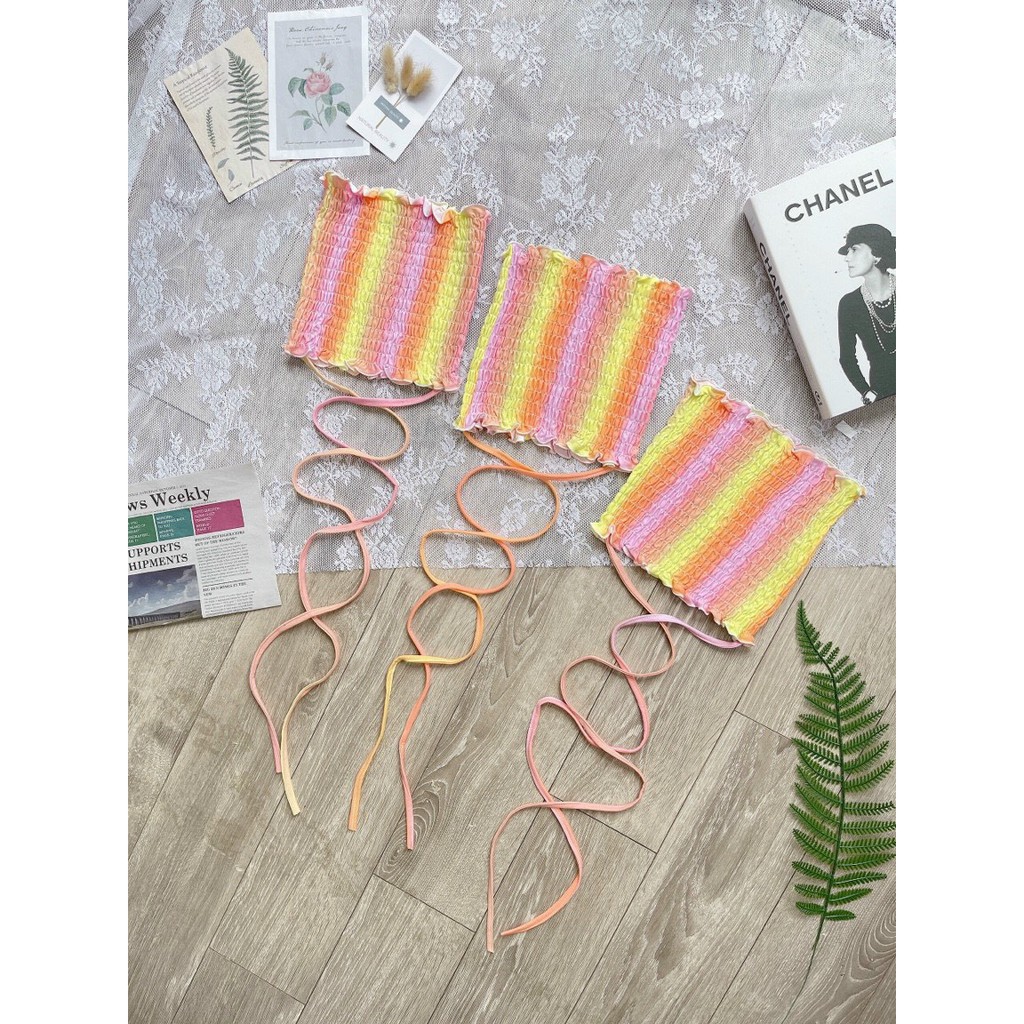 Áo ống nhúm màu cầu vồng sọc phối dây buộc eo sexy nuy chất đẹp