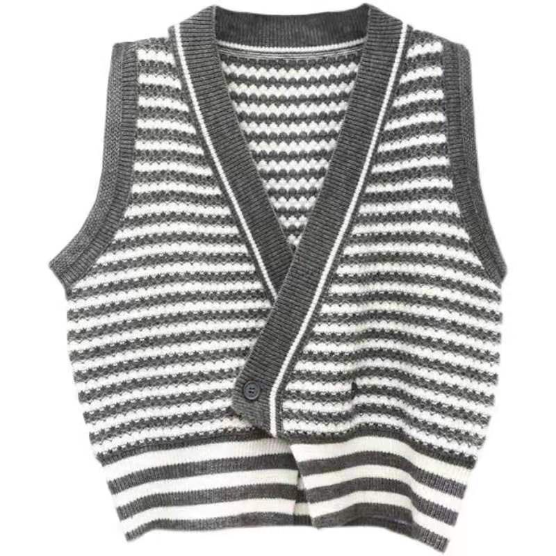 Áo khoác cardigan dệt kim không tay phối hàng nút họa tiết kẻ sọc phong cách retro Hàn quốc