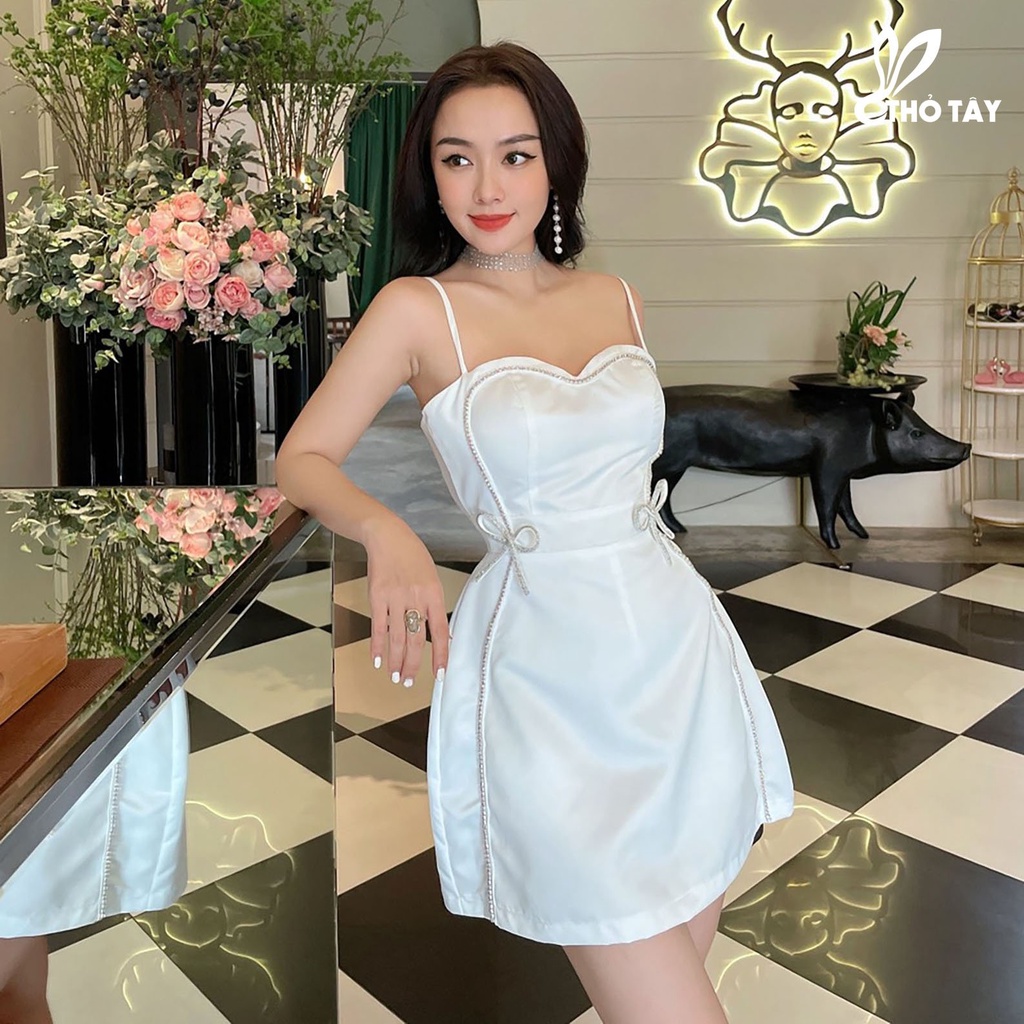 Đầm xòe hai dây viền phối đá THỎ TÂY DAM449