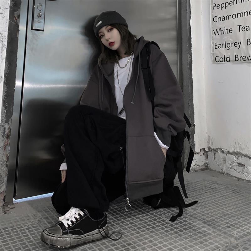 【Yuki】Áo khoác nỉ hoodie nữ zip form rộng màu xám đậm trẻ trung năng động | BigBuy360 - bigbuy360.vn