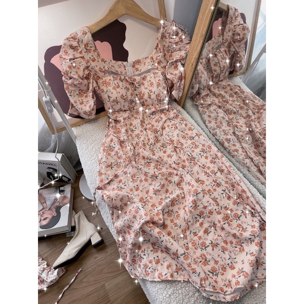 ĐẦM MIDI HOA XẾP NGỰC NÚT BỌC