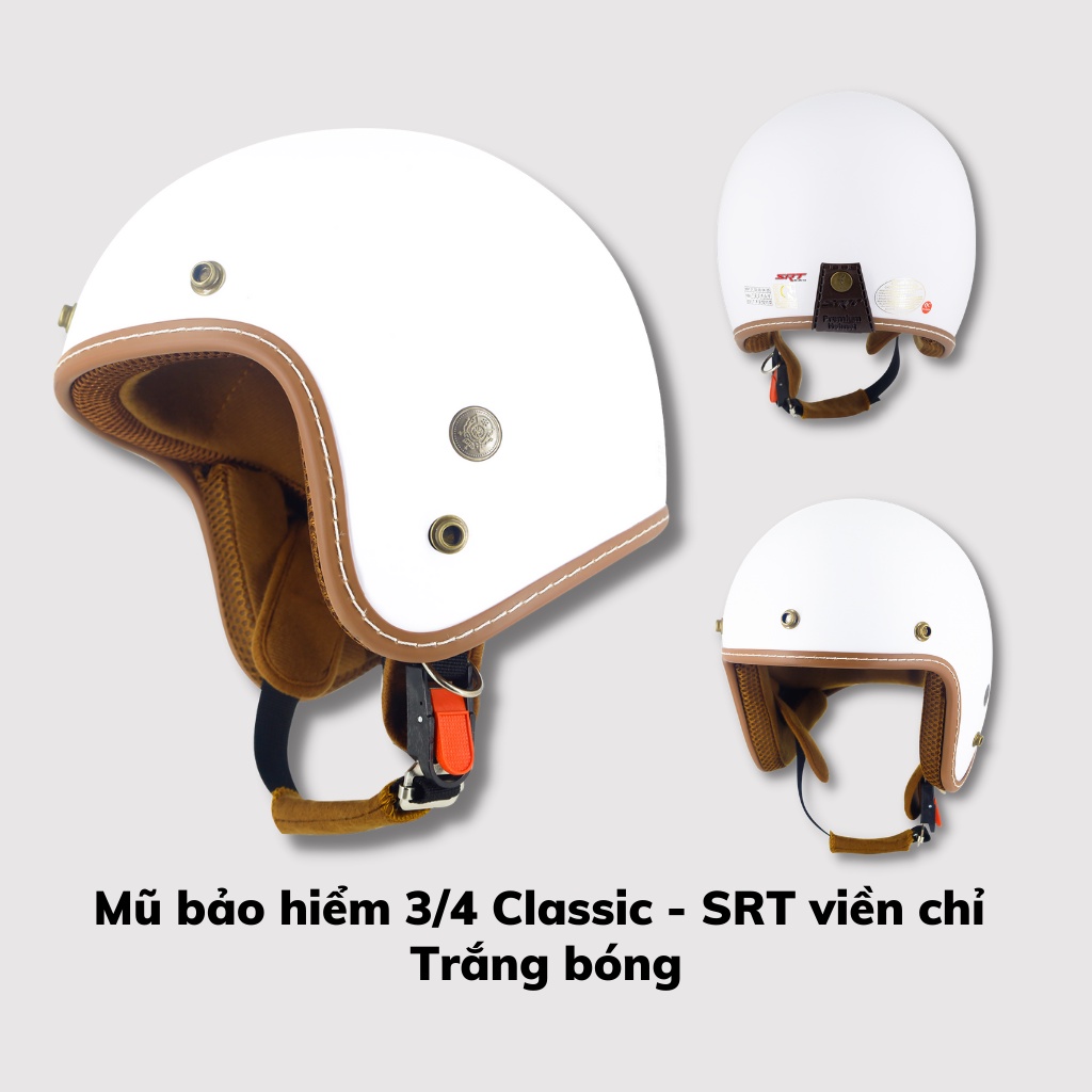 Mũ bảo hiểm 3/4 SRT Classic viền chỉ, tặng kèm lưỡi trai freesize