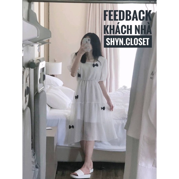 Đầm tiểu thơ xinh xắn HOT TREND Váy trắng đính nơ Váy dáng dài, cổ vuông siêu xinh cho nàng [Kèm ảnh thật 100%]
