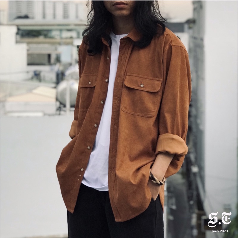 Áo sơ mi nhung tăm unisex S.T vintage, cổ điển, retro, bụi bặm