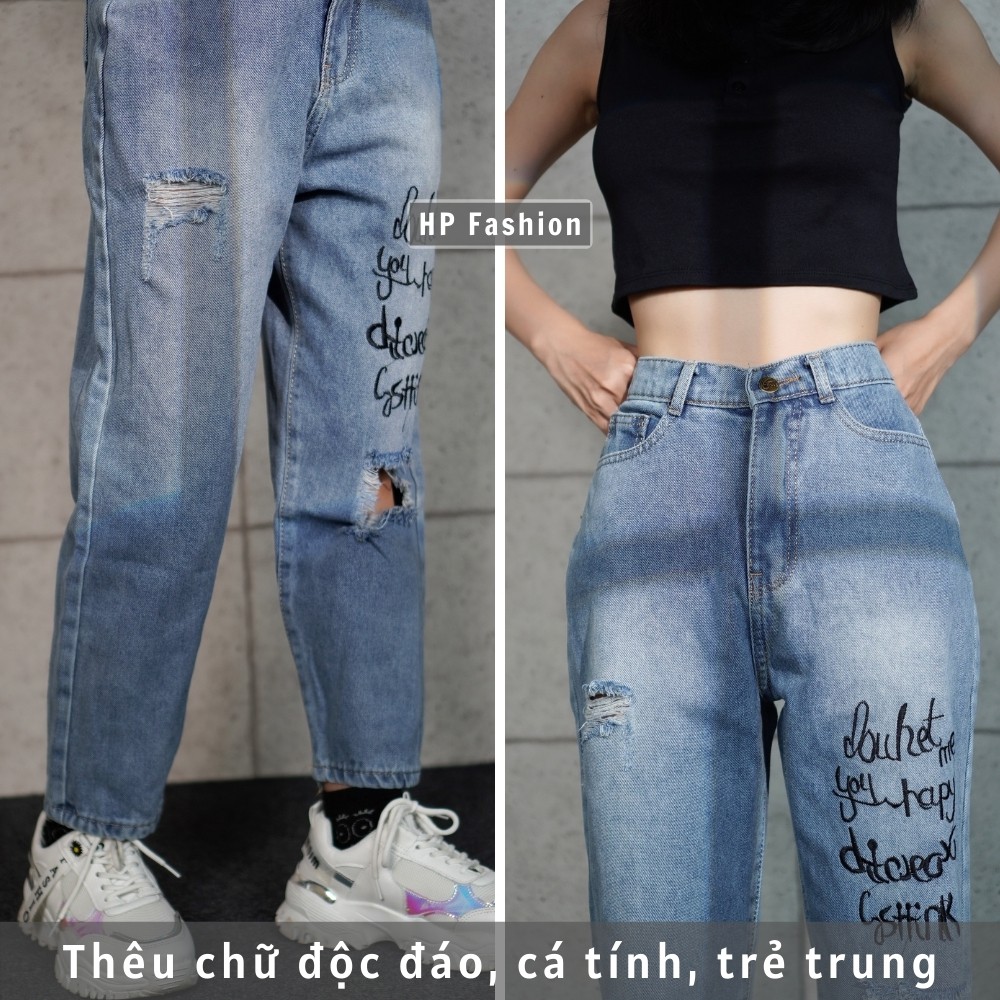 Quần baggy nữ ❤️ Quần jean cạp lưng cao in chữ rách gối cá tính, chất bò dày dặn - QJ30