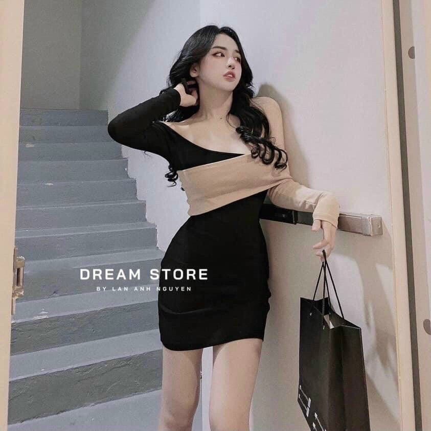 Đầm body hở vai phối ống tay be trông sang chảnh quý phái luôn 2 màu đen và nâu đất cho tình yêu đi tiệc dạo phố nè