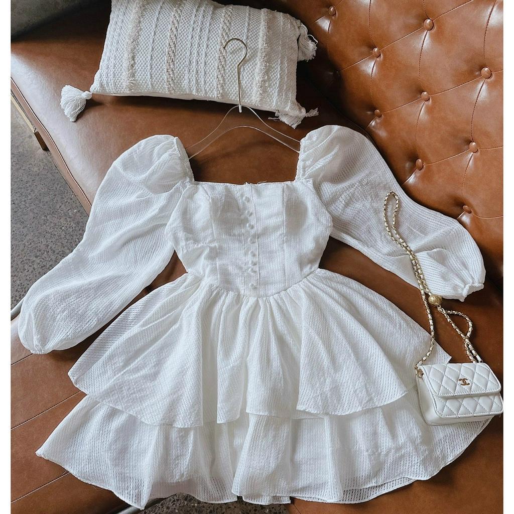 Đầm Xoè Công Chúa, Đầm Babydoll Tay Bồng 2 tầng Voan Sọc nút bọc Thiết kế Cao cấp (hàng quang châu) tiểu thư dự tiệc dạo