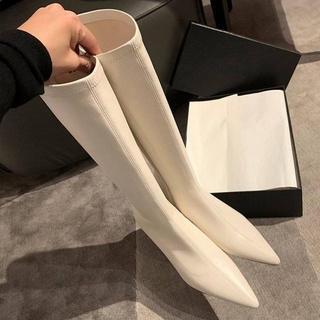 Giày bốt da cổ cao qua gối gót vuông lót nhung thời trang thu đông cho nữ