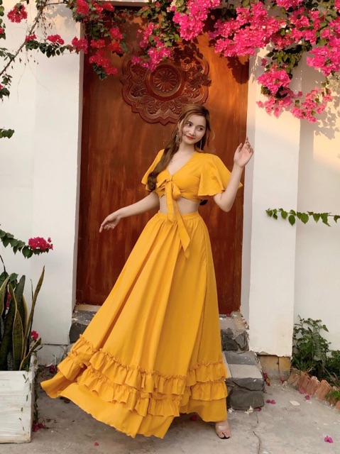 [Hàng sẵn🍊] Váy maxi màu vàng đất/ đỏ nhún bèo chân hottrend phối hợp áo croptop cột ngực tay cánh tiên