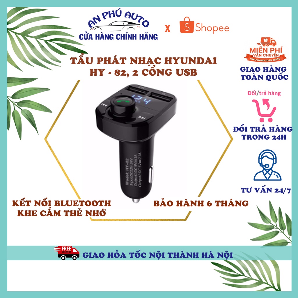 Tẩu Nghe Nhạc Bluetooth Trên Ô Tô Chính Hãng Hyundai HY-82 Kiêm Sạc Điện Thoại 2 Cổng USB Cao Cấp , Hỗ Trợ Thẻ Nhớ