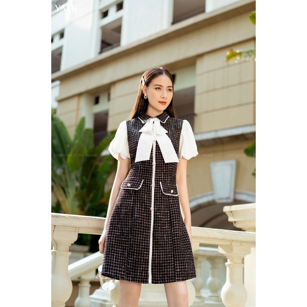 Váy dạ tweed nơ đính liền phối tay 2 màu đỏ, đen YV55 YAME