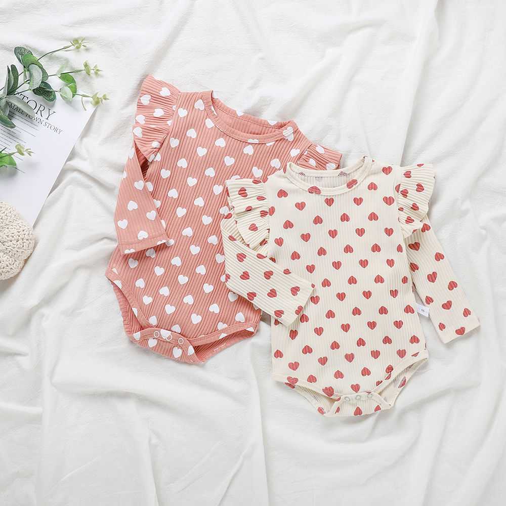 Bộ Áo Liền Quần Vải Cotton Tay Dài Phối Tay Cánh Tiên In Họa Tiết Trái Tim Thời Trang Mùa Thu / Xuân / Hè Cho Bé