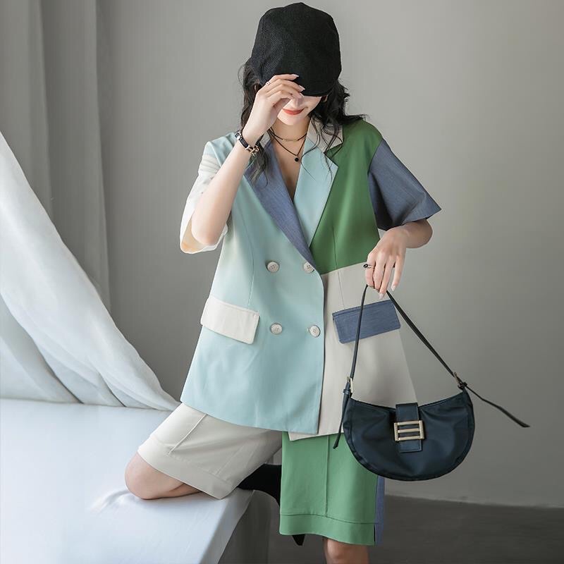Set bộ áo vest phối màu kèm quần short phong cách Hàn Quốc