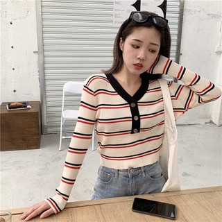 Áo len tay dài cổ chữ V kẻ sọc ngang thời trang Hàn Quốc