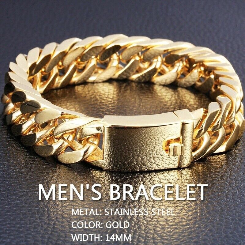 8.5&quot; Gold Plated Men's Jewelry Stainless Steel Curb Cuban Chain Bracelet