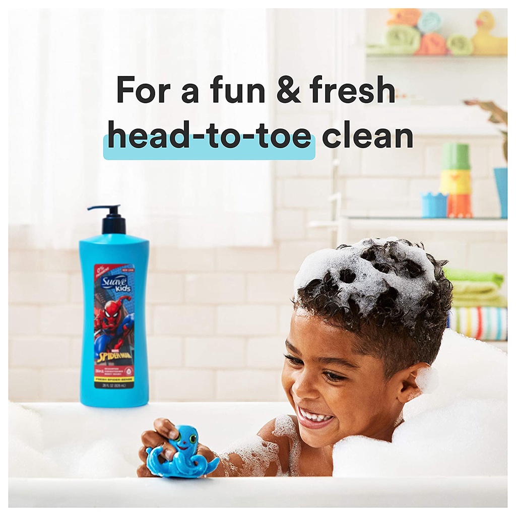 Sữa tắm, dầu gội &amp; xả 3 trong 1 cho trẻ em Suave Kids 3 in 1 Shampoo Conditioner Body Wash Spider-Sense 828ml (Mỹ)