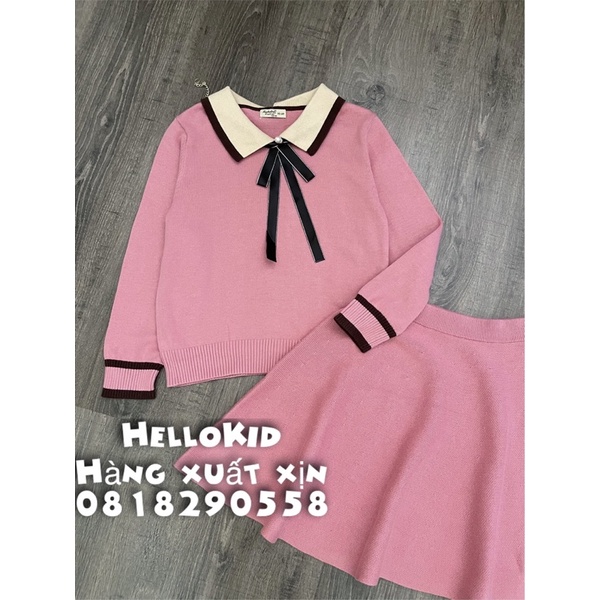 B569 - Bộ váy len hồng tiểu thư kèm nơ áo bé gái