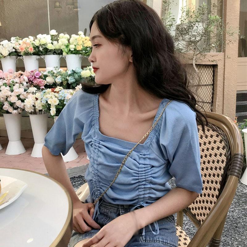 Áo Croptop Dệt Kim Tay Ngắn Phối Dây Rút Phong Cách Hàn Quốc