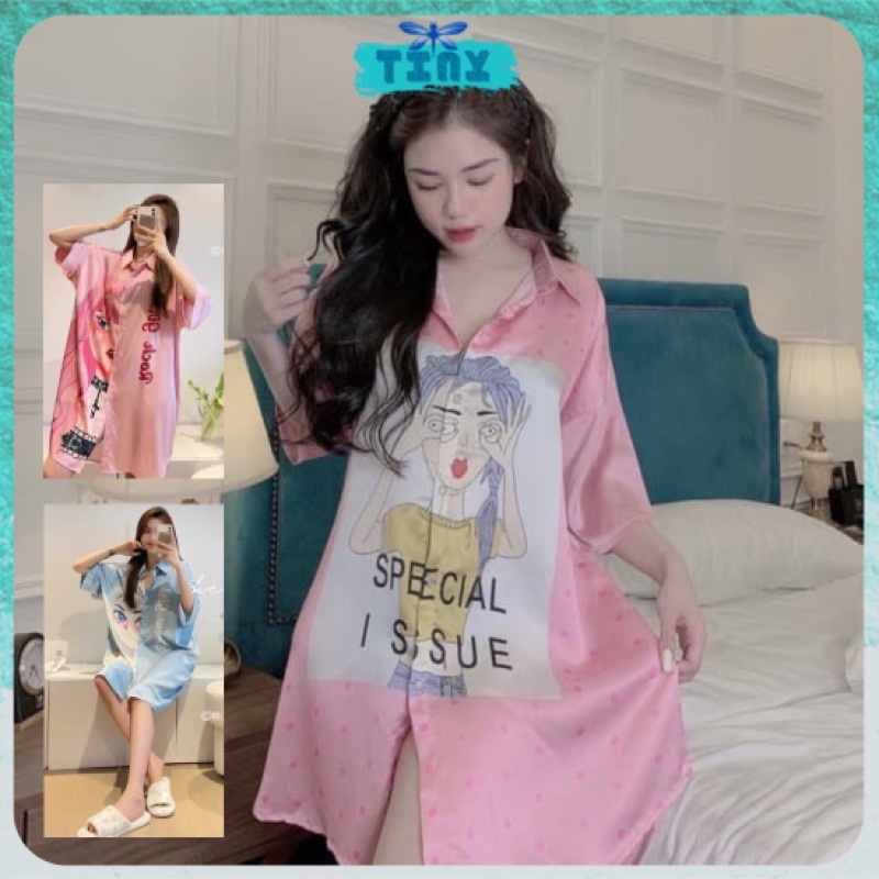 Đầm Váy Ngủ Sơ Mi Lụa - Đầm Mặc Nhà Sơ Mi Lụa Hoạt Hình Quyến Rũ chất satin cao cấp | BigBuy360 - bigbuy360.vn