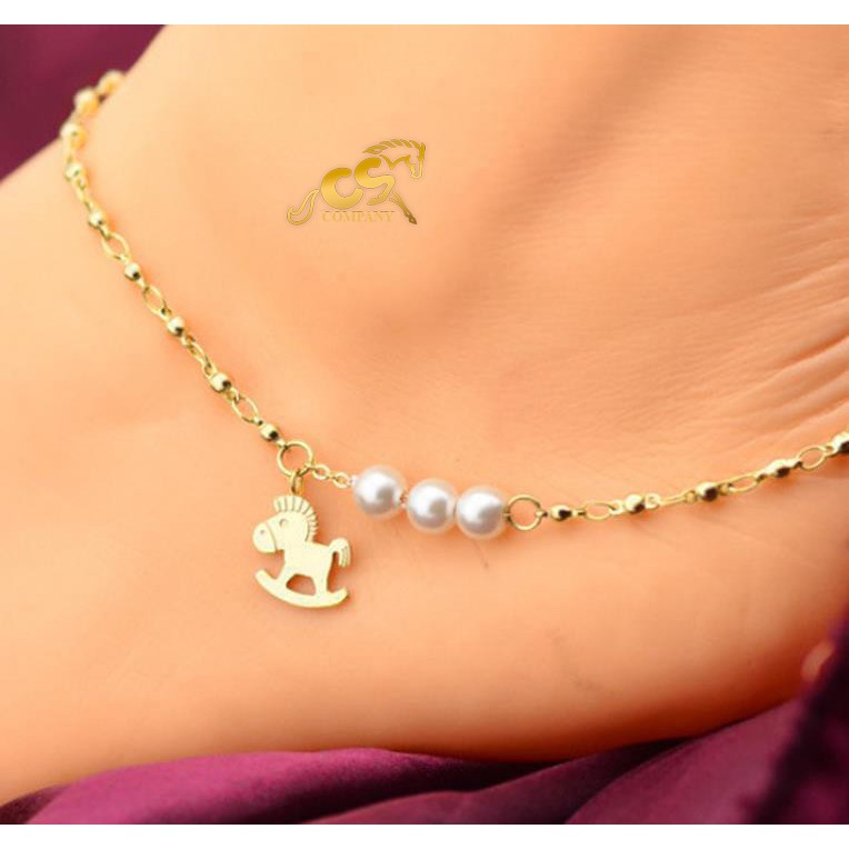 Lắc chân titan con ngựa kết hợp ngọc trai mạ vàng 24k