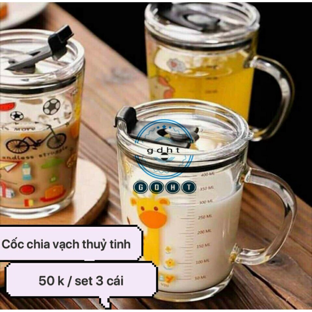 CỐC PHA SỮA CHỊU NHIỆT THỦY TINH CÓ CHIA VẠCH KÈM NẮP VÀ ỐNG HÚT