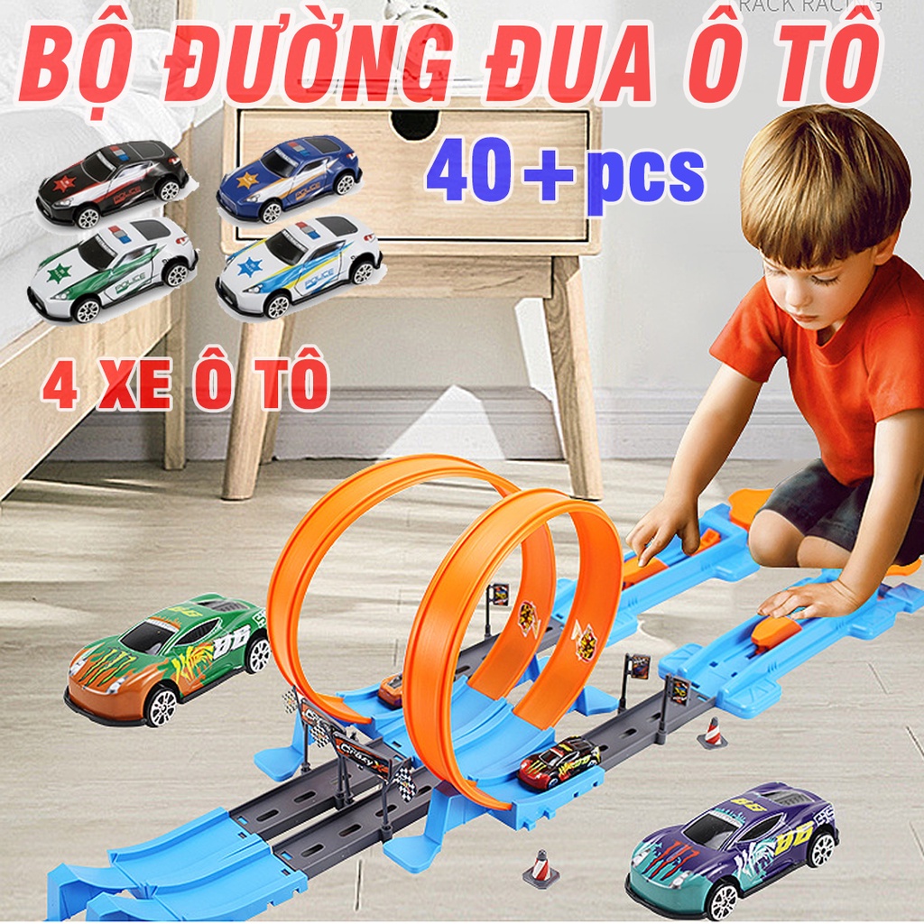 Mô hình lắp ghép đường đua siêu tốc gồm 4 xe ô tô mini và bộ ghép 2 đường đua bằng nhựa