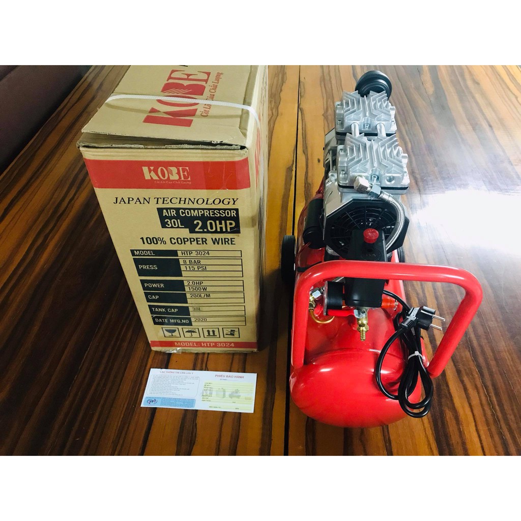 MÁY NÉN KHÍ ÊM KHÔNG DẦU 30L 2.0HP KOBE HTP 3024 MỚI 100% BH 8 THÁNG