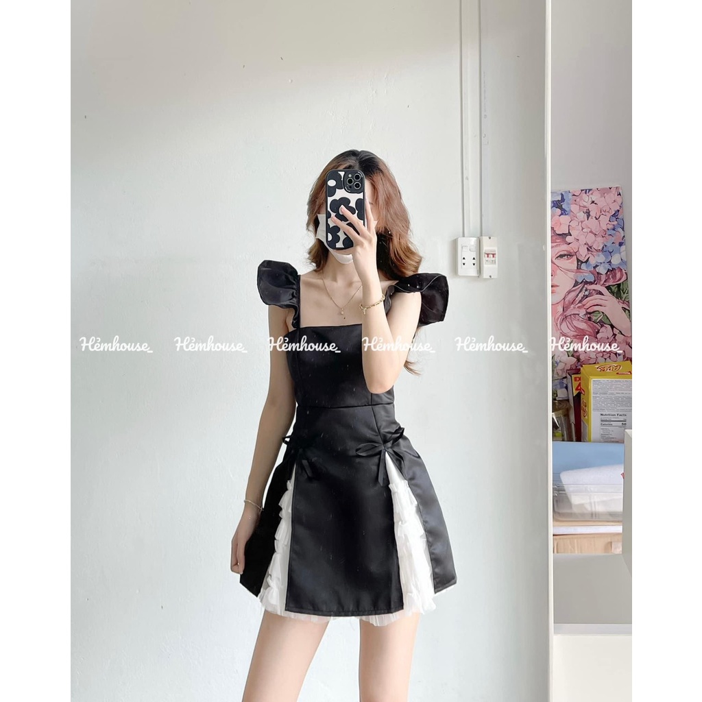 JUMPSUIT ĐEN TAY TIÊN PHỐI LƯỚI XOÈ TRẮNG ĐÍNH NƠ