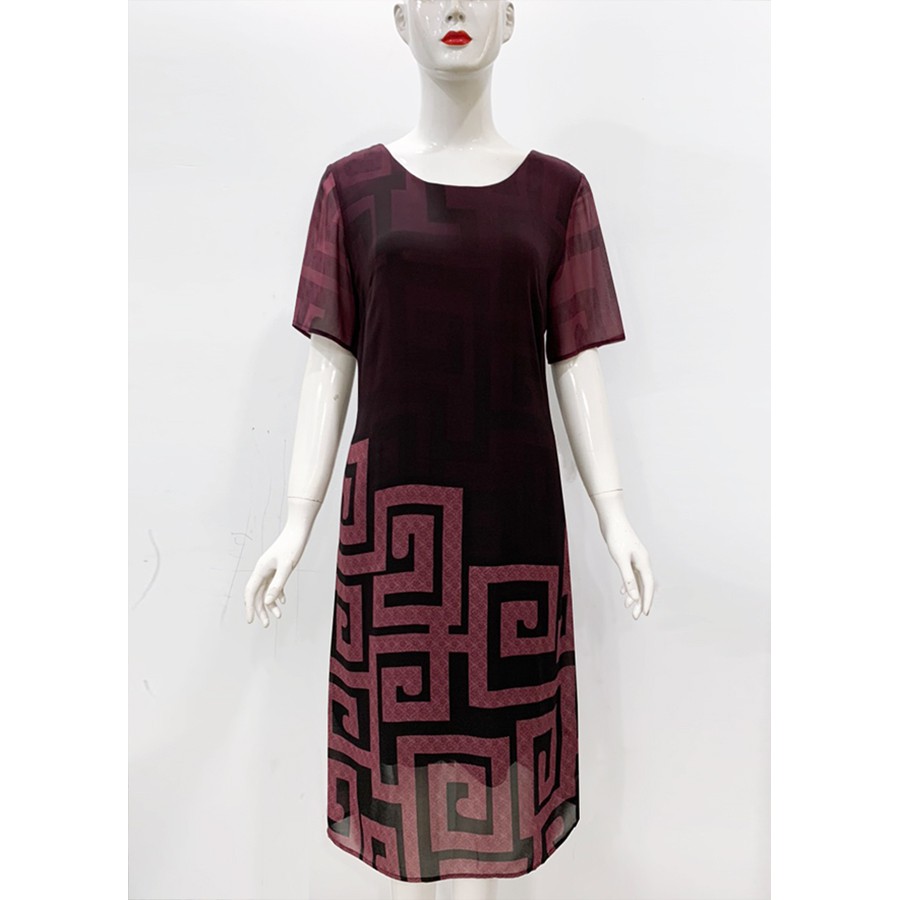 GOTI - Đầm Trung Niên Nữ Cao Cấp Dáng Suông Rộng Chữ A Dài Qua Gối Tay Ngắn Voan 2 Lớp Cho Me U50 U60 GOTI 3280